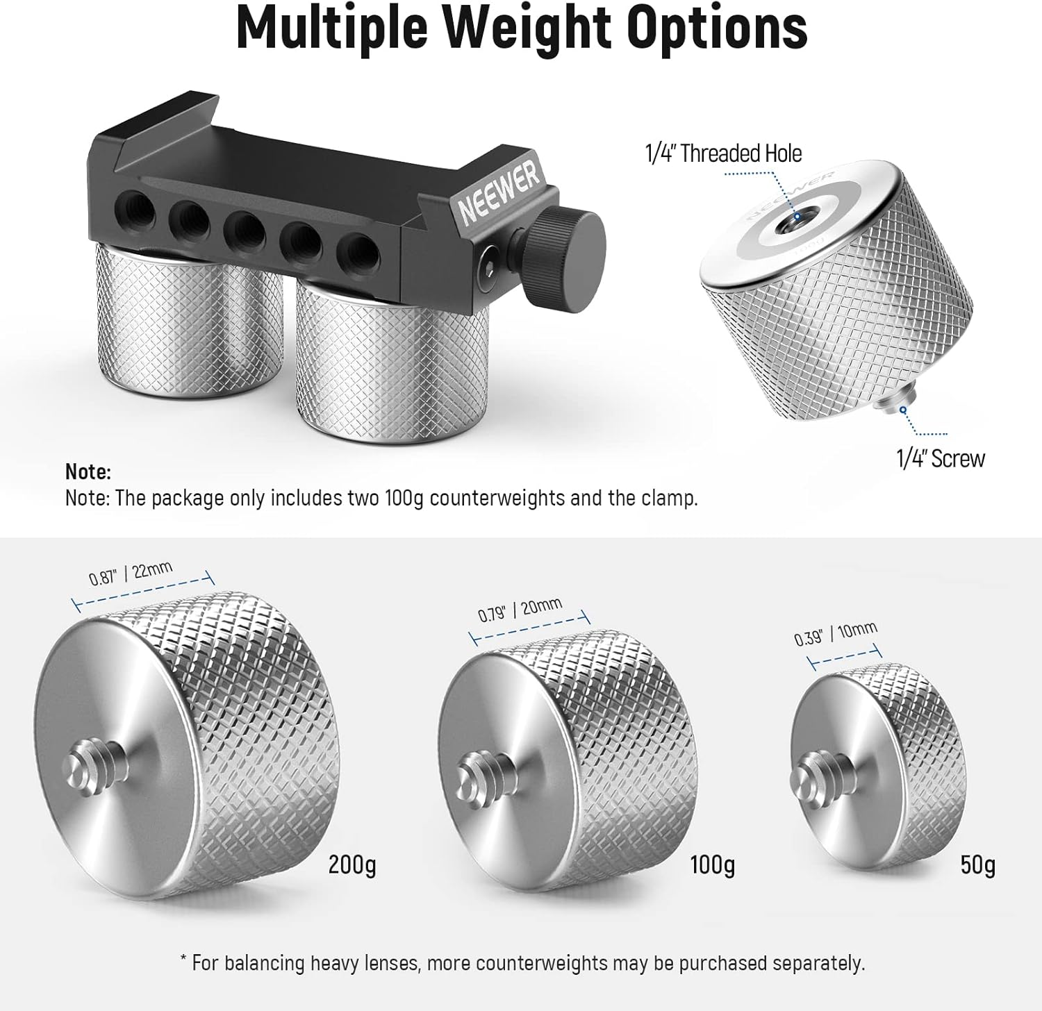NEEWER Gimbal Counterweights and Clamp Kit, Compatible with DJI Ronin RS4 Pro RS4 RS3 Pro RS3 RS2 RSC2 ZHIYUN Crane 2S 3S Weebill S Moza Air 2 Aircross 2 for Balancing Long Lenses, GA001 image number 5