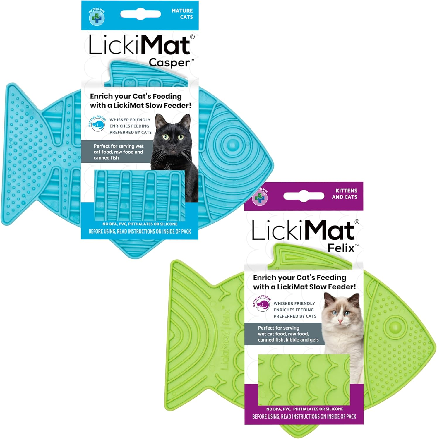 Lickimat Casper & Felix, Fish-Shaped Cat Slow Feeders for Feline Boredom and Anxiety Reduction; Perfect for Food, Treats and Anxiety Reduction. (Green Turquoise)