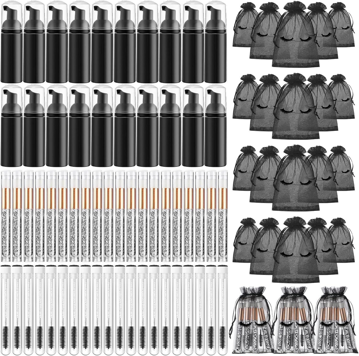 Zhehao 80 Pcs Lash Shampoo Bottle Brushes Kit 20 Foam Pump Dispensers 20 Lash Shampoo Brushes 20 Eyelash Aftercare Bag 20 Cleaning Pipes, Eyelash Extension Supplies(Pink)