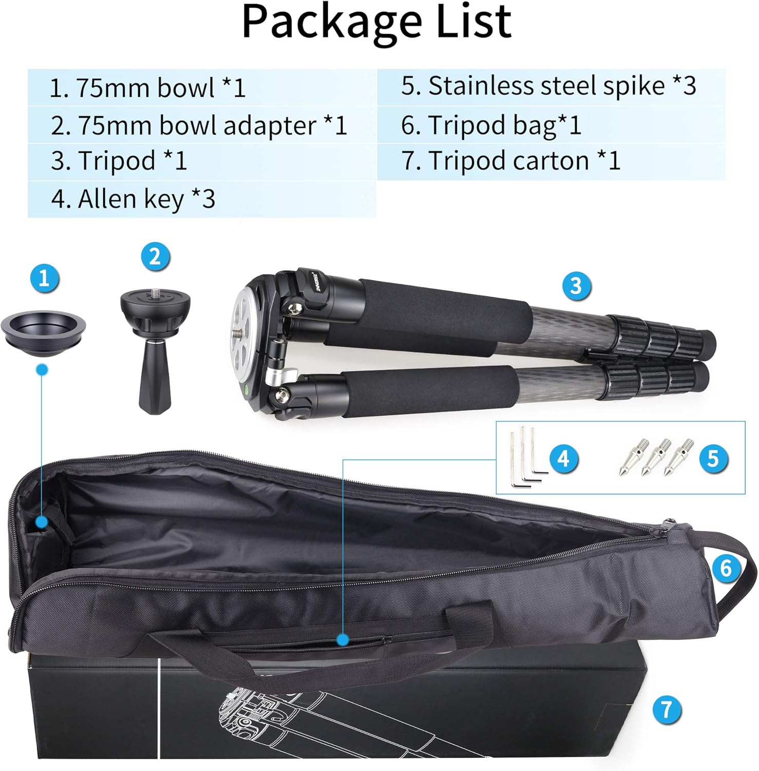 INNOREL RT90C Professional Carbon Fibre Tripod, Heavy Duty Stand with 75Mm Bowl Adapter, Height 160 Cm, 40Mm Tube for DSLR Cameras Compatible with Ball Head & Hydraulic Head Load 40Kg image number 2