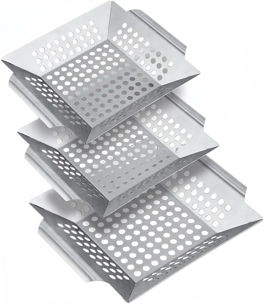 3 Pack Grill Baskets for Outdoor Grill, Grilling Basket for Veggies, Heavy Duty Stainless Steel Vegetable Grill Basket, Grilling Accessories for All Grills & Smokers - Grilling Gifts for Men