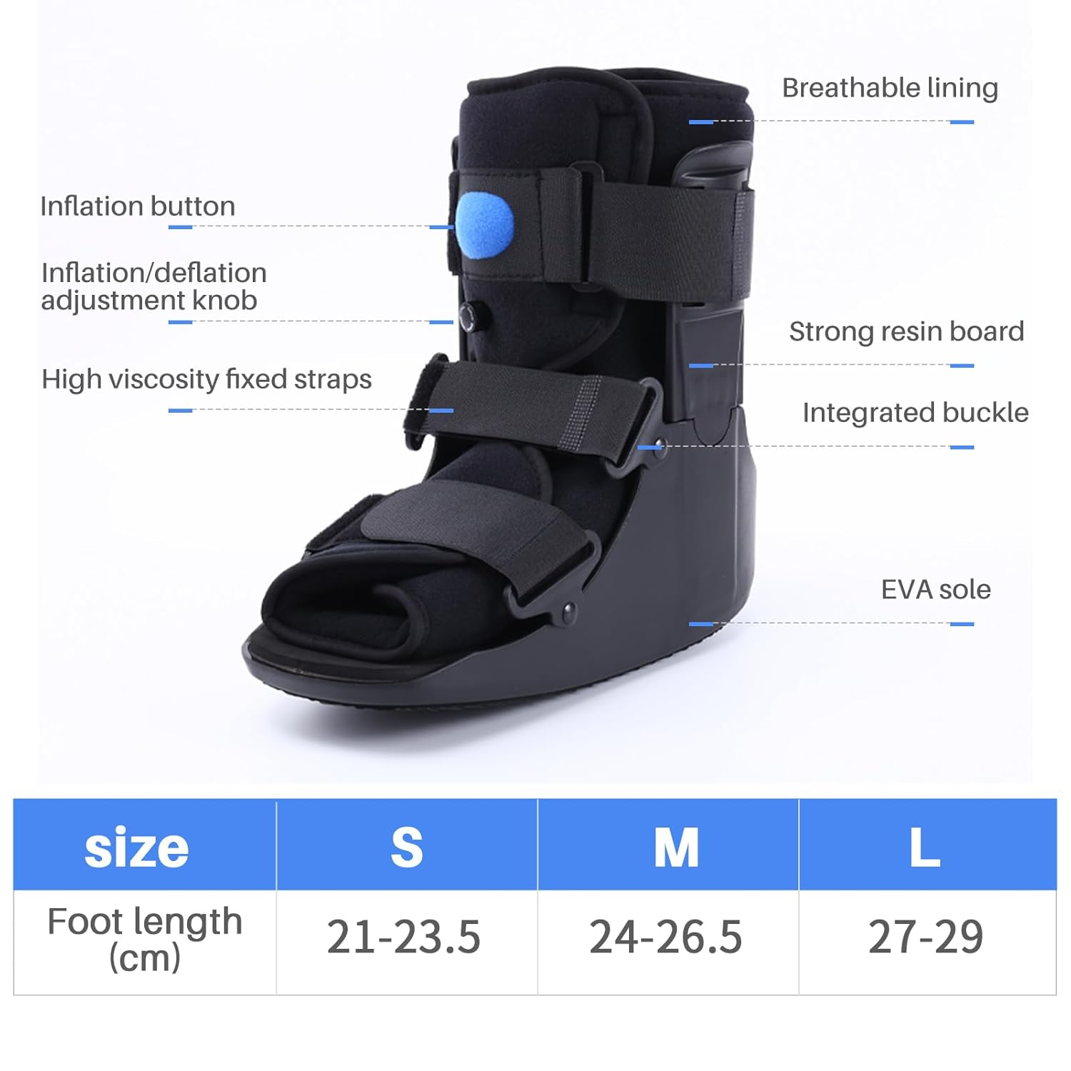 Short Walker Fracture Boot Air Walker Boot Inflatable Walking Boot for Fractures, Achilles Tendon Surgery, Acute Ankle Sprains, Broken Toe Foot, Injury Recovery Black (S) image number 6