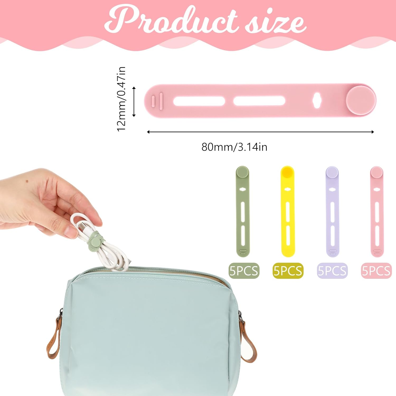 Molain Reusable Cable Ties, 20Pcs Adjustable Silicone Cable Straps Wire Organizer for Charging Cords Earphone Computer Wire Desk Cable Management Travel Accessories(Yellow+Pink+Purple+Green) - Yellow+Pink+Purple+Green image number 3