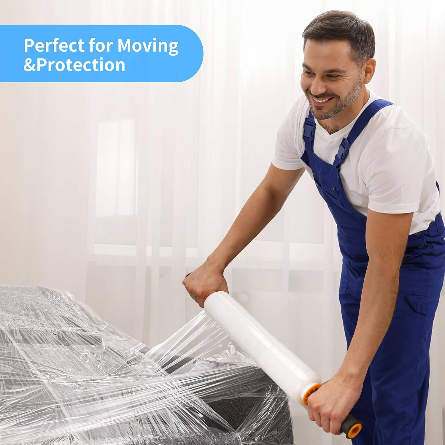 Origuuds Stretch Film, 80 Gauge Stretch Wrap with Handles, Industrial Strength Plastic Wrap for Moving, Pallet Wrap, Packing, Furniture Wrapping, Luggage (Clear/15 Inch X 1000 Feet, 1 Roll) image number 4