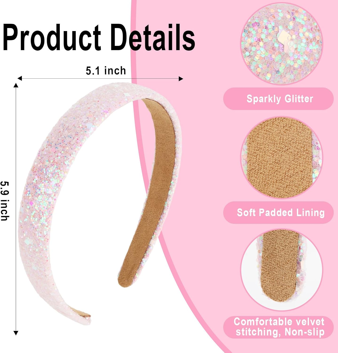 Glitter Headbands for Girls, 3PCS Cute Sequin Headbands for Women Sparkly Headband Bling Hair Bands, Head Bands for Girls Hair Accessories (Pink, Blue, White) image number 3