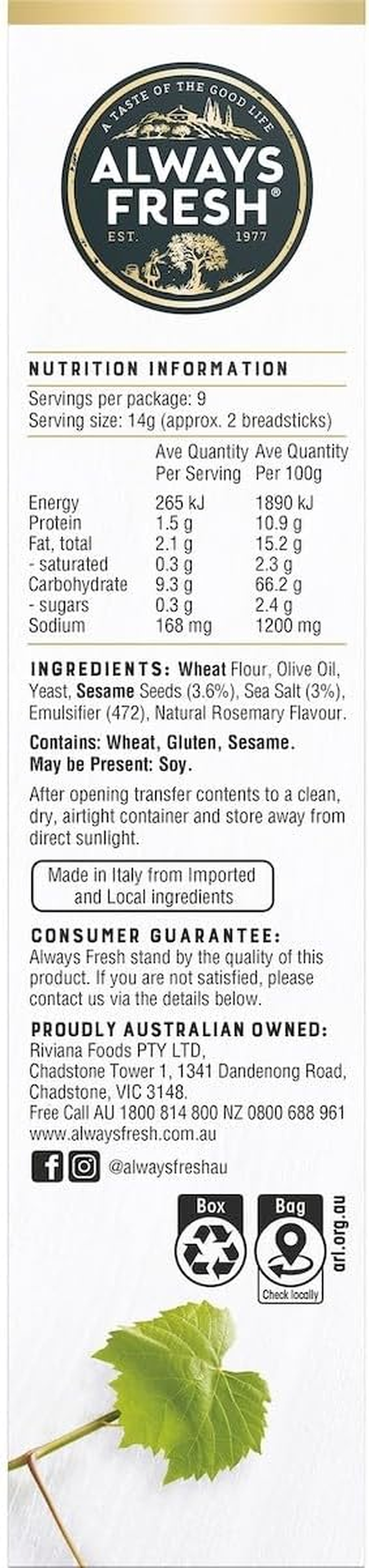 Always Fresh Sesame and Sea Salt Grissini Crackers 125 G image number 2