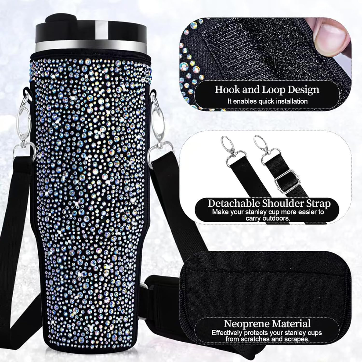 Bling Water Bottle Carrier Bag for Stanley Quencher H2.0 & Adventure 40 Oz Tumbler with Handle, Neoprene Water Bottle Holder with Adjustable Strap for Stanley Cup Accessories (Black) - Black image number 6