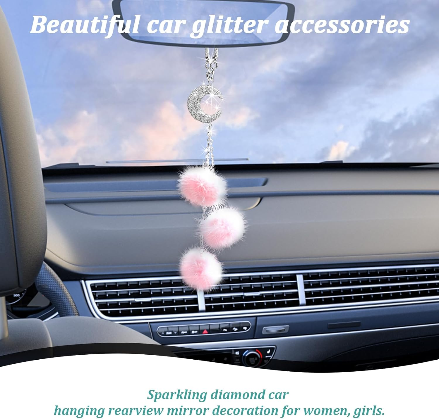 Ziciner Bling Diamond Heart Car Interior Accessories, Car Mirror Hanging Ornament for Women, Love Heart & Pink Plush Ball Decor Ornament Pendant, Car Hanging Decoration Charm Pendant (Moon/Pink) image number 5