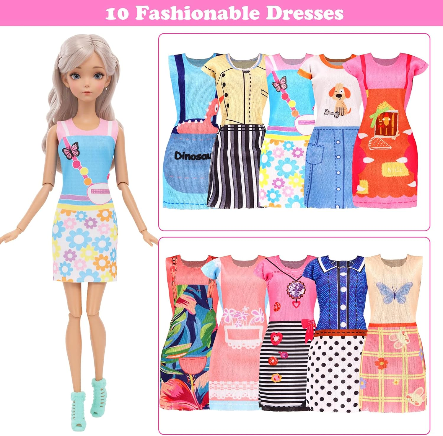BARWA 26 PCS Doll Clothing and Accessories Including 12 Fashion Dresses + Swimsuit + Coat + Top + Pants with 10 Shoes Bag Accessories for 11.5 Inch Girl Doll image number 5