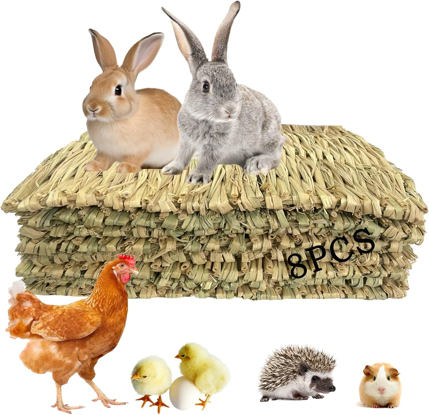 MUYG 8 PCS Rabbit Grass Mat,Natural Bunny Grass Mat Woven,Pet Bed Nest Mats Rabbits Chew Toys for Hamsters Parrot Rabbits Hedgehog Guinea Pig Chick and Other Small Animals Hay Mat Sleeping(8 PCS) image number 5