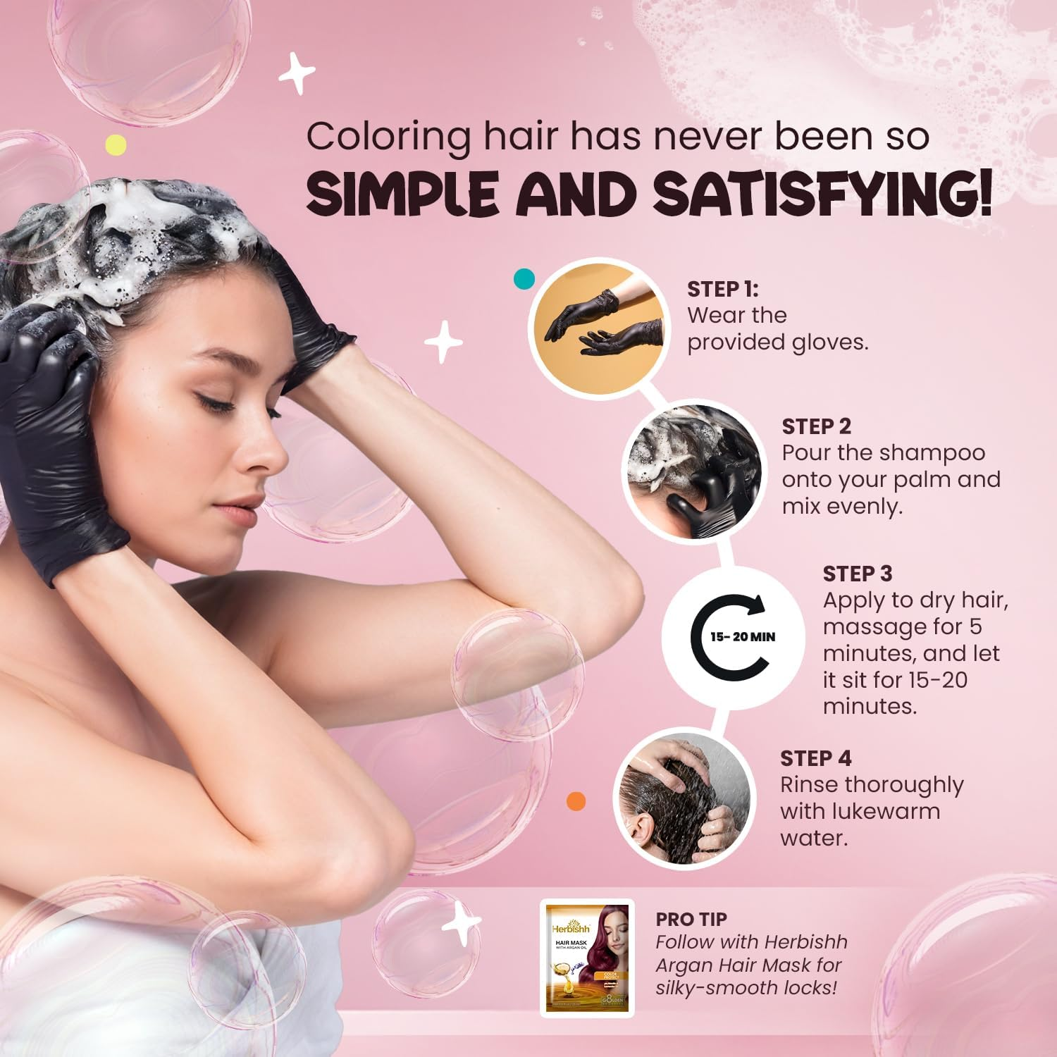 Herbishh Bubble Foam Hair Dye Shampoo, 3 in 1 Dye for 100% Grey Coverage, Permanent Hair Coloring for Men & Women, Long-Lasting & Travel-Friendly, Ammonia-Free, 10 Sachet X 24 Ml (Dark Brown) image number 2