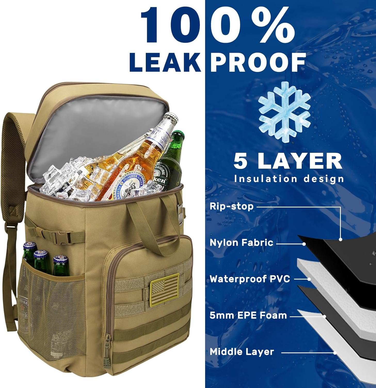 42L Tactical Cooler Backpack, 45/55 Cans Backpack Cooler Insulated Leak Proof, 2 Insulated Department Portable Soft Lunch Cooler Bag, Ice Chest Backpack for Hiking, Camping, Beach, Picnic image number 2