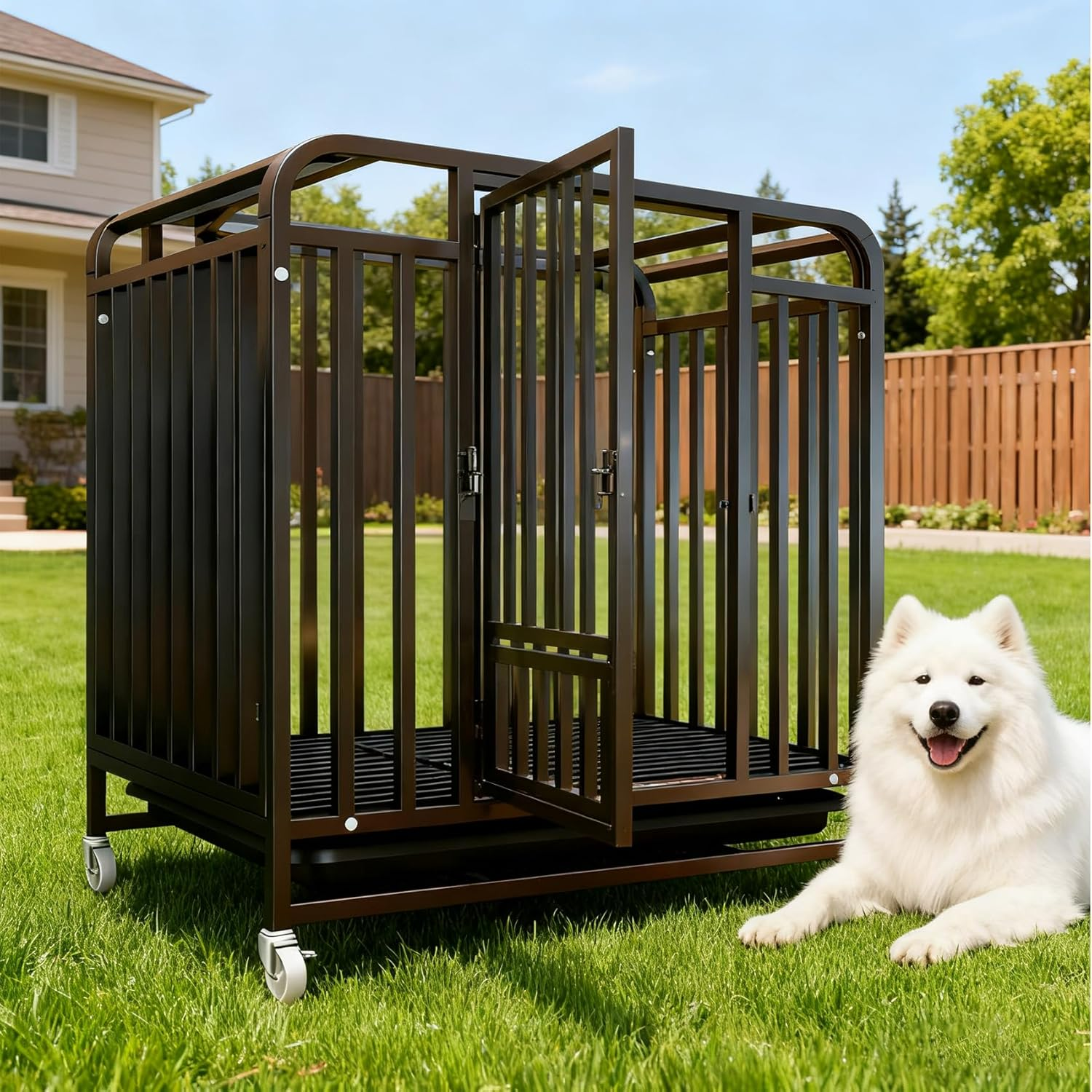 Dog Crate with Removable Tray, Large Dog Cage with Wheels, Double Door Kennel Black 110 * 75 * 95Cm image number 1