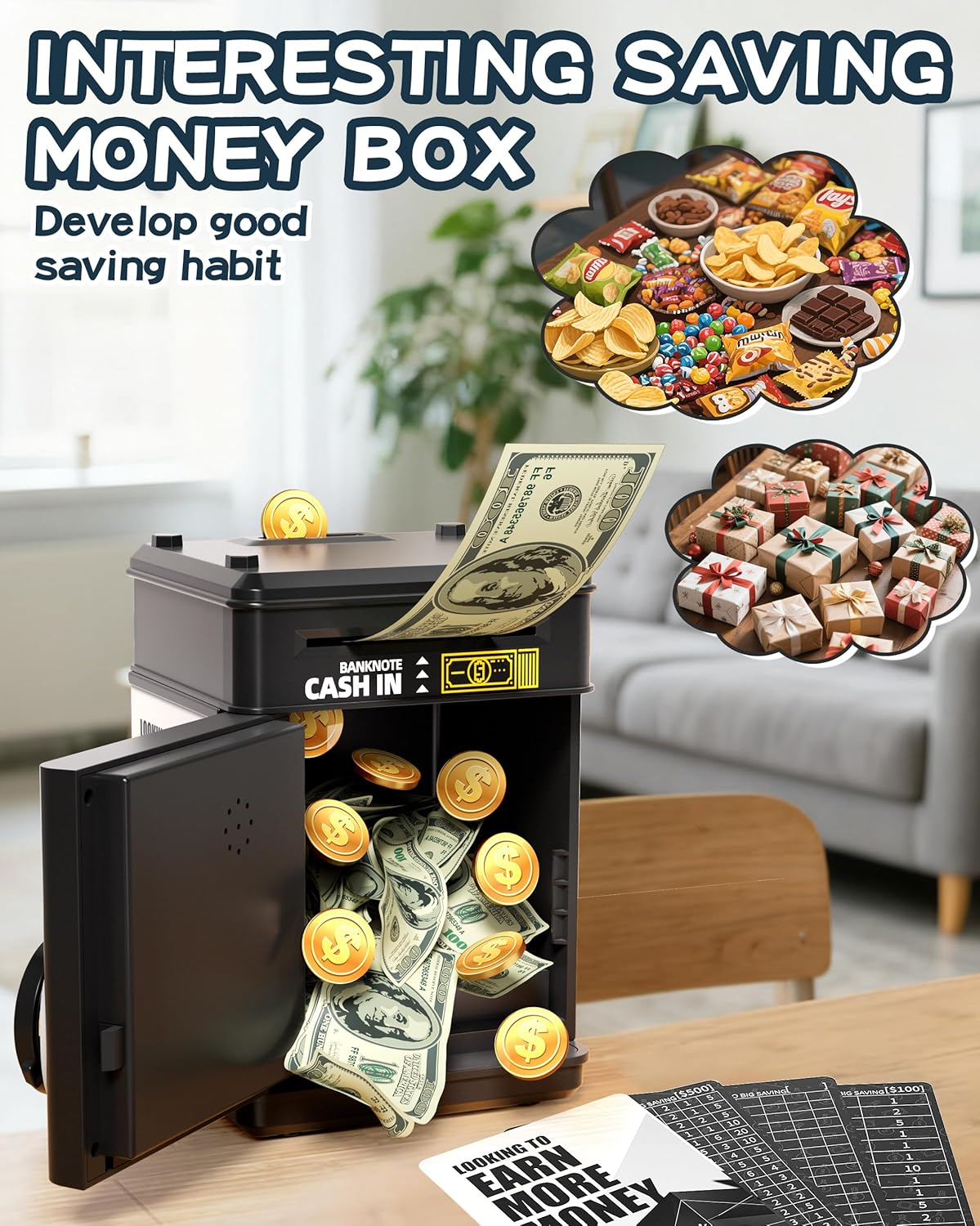 Piggy Bank for Kids Boys 5-13 with 4 Saving Record Cards, Kids Money Safe Banks for Real Money with 4-Digit Password, Electronic Piggy Bank Toys for Boys Girls with Atm-Style Cash Slot, Black - Blue image number 6