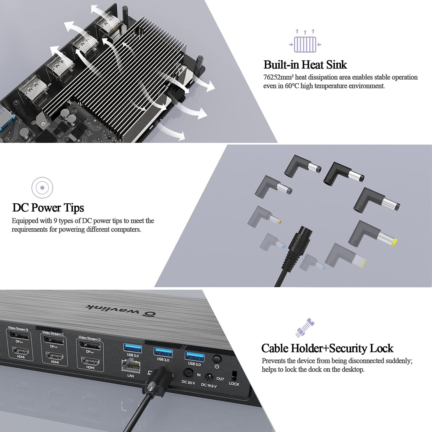 WAVLINK 20 Ports Universal Docking Station, 4X 4K@60Hz Display, 100W Charging, 4Xdisplayport, 4Xhdmi, 2.5G Ethernet, 3Xusb 3.0, 10Gbps USB 3.1, PD30W, USB-C, USB 3.0/USB C Dock for Macbook & Windows image number 3