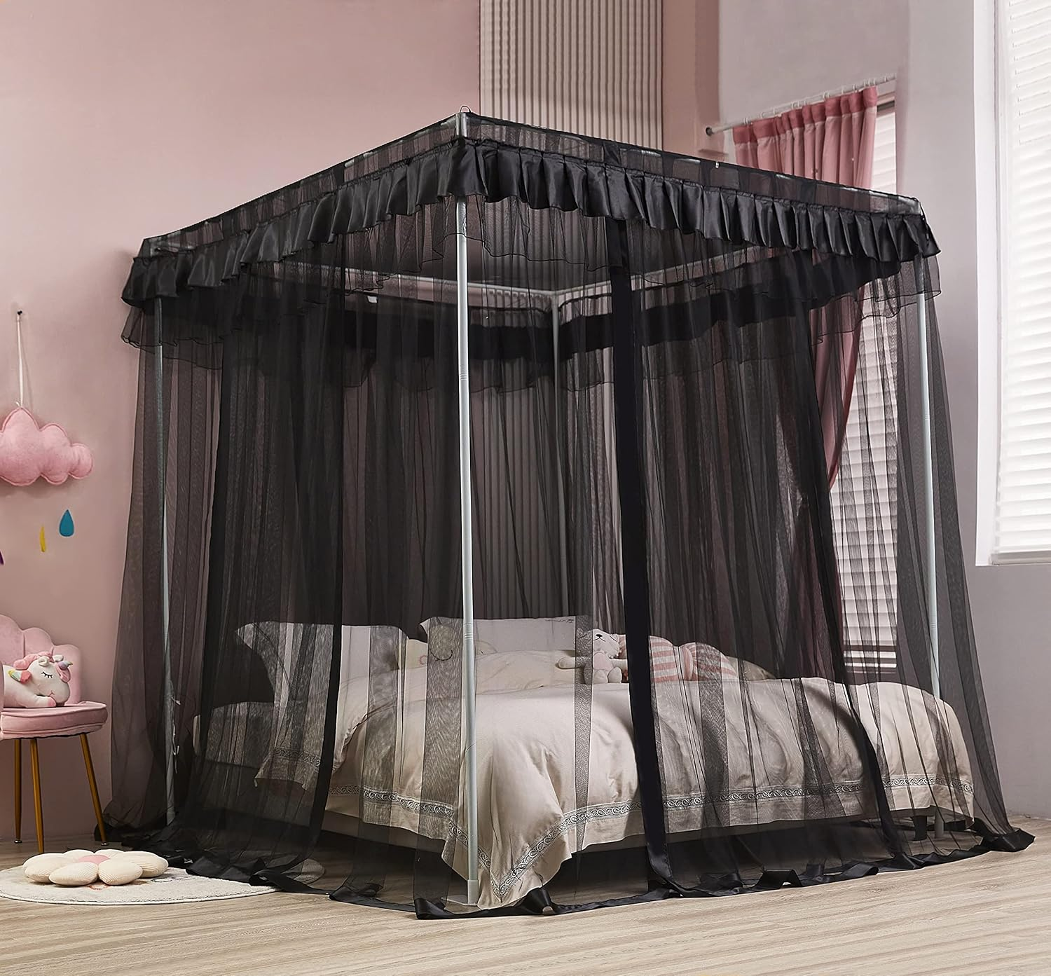 Princess 4 Corners Post Bed Curtain Canopy Netting (Full, Black) image number 1