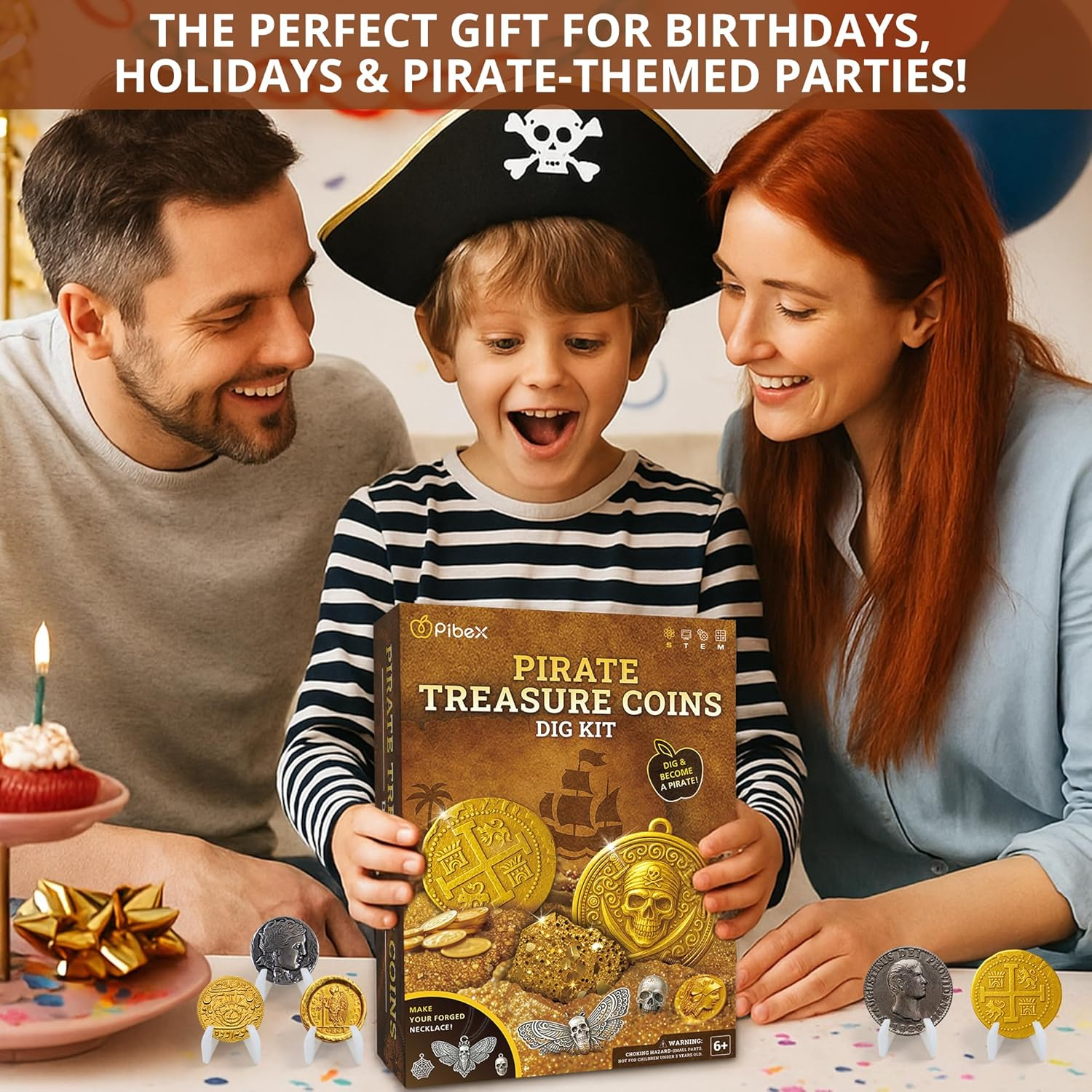 PIBEX Pirate Treasure Coins Dig Kit &ndash; Dig & Collect 16+ Ancient Metal Coin Replicas, Fool&rsquo;S Gold & Pirate Charms &ndash; STEM Archaeology & Necklace Making Kit, Coin Collecting Gift Toy for Kids Ages 6+ image number 2