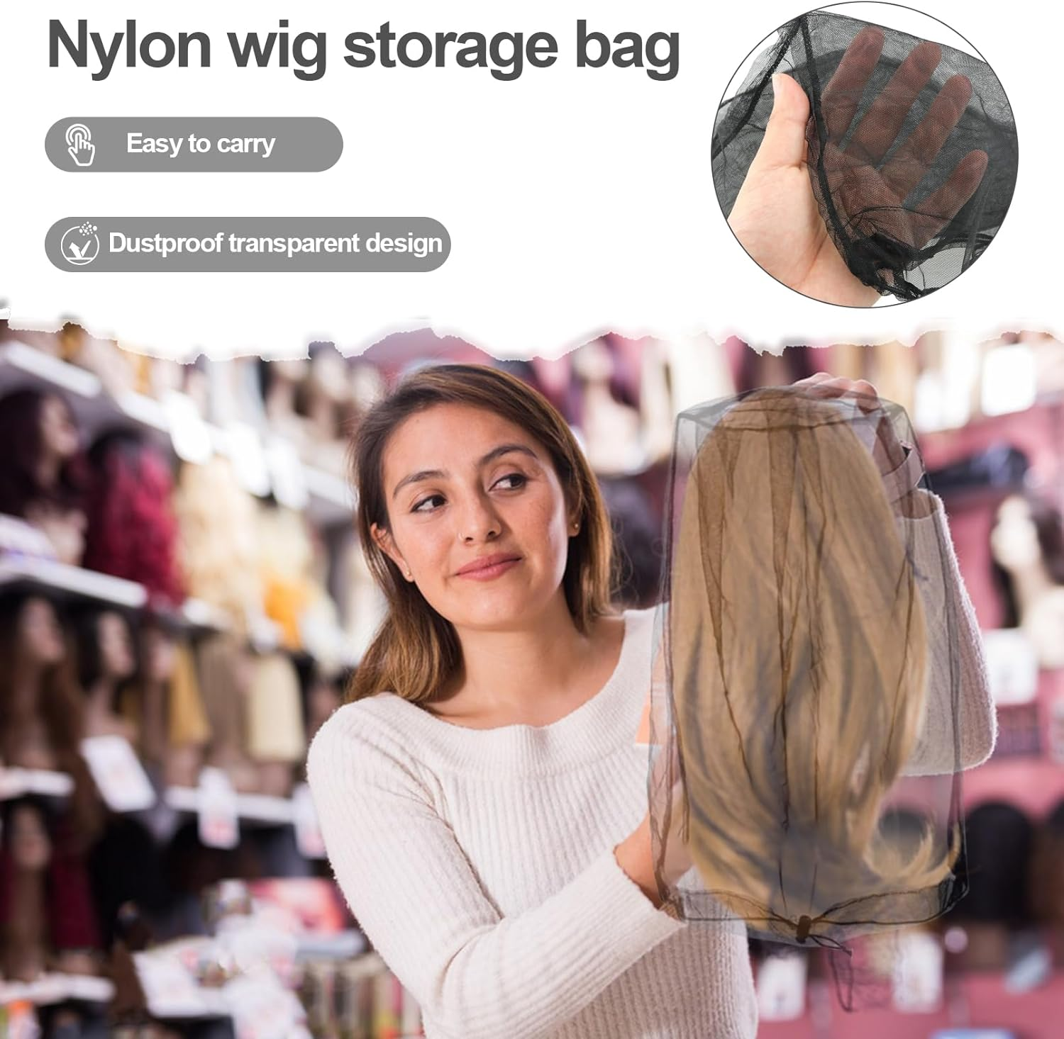 2 Pack Hair Extension Storage Bag,Adjustable Wig Bag with Drawstring Portable Travel Organizer for Protecting Wigs on Mannequin Wig Head from Dirt and Dust(Black) image number 2