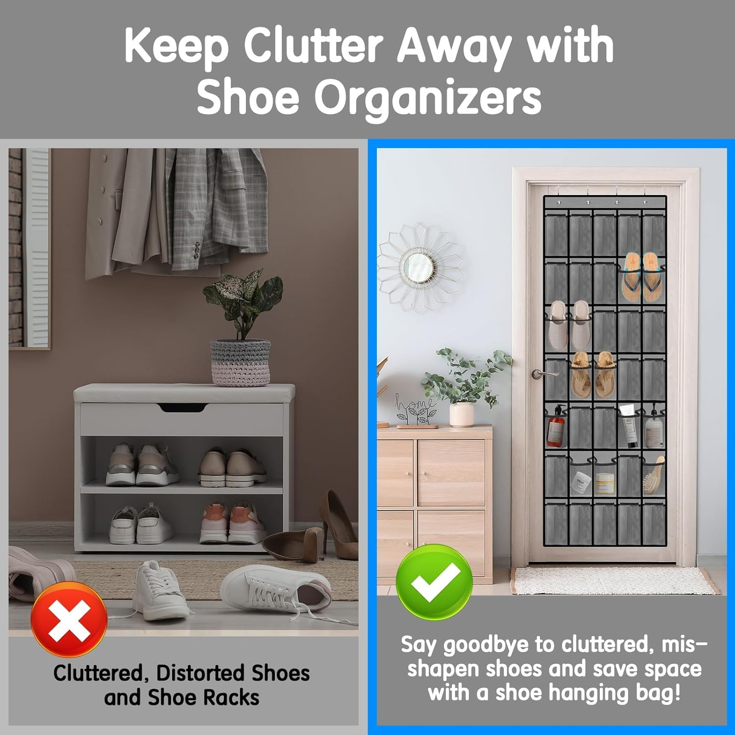 Over the Door Shoe Organiser, 35 Large Mesh Pockets, Space Saving Hanging Storage Holder, Closet Rack Hanger, Hangs on Closets for Shoes, Accessories, Black