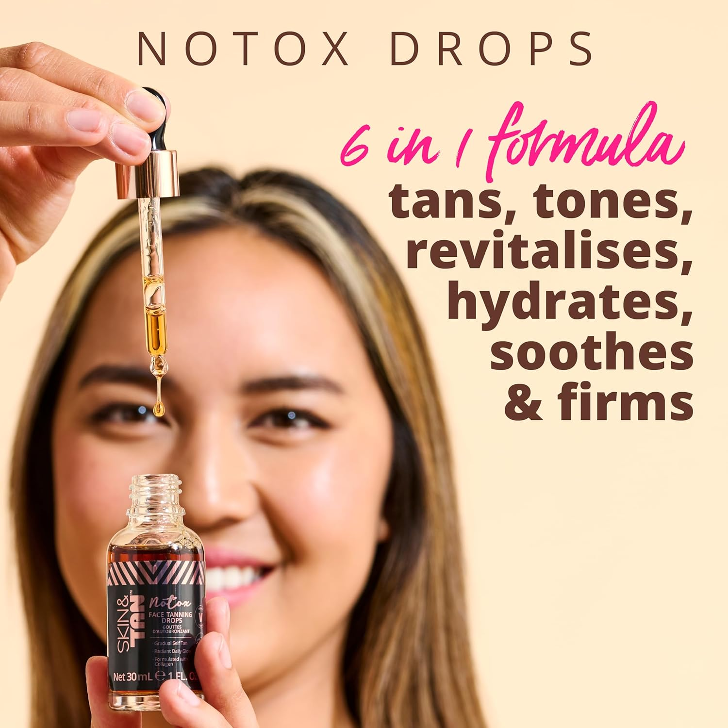 Skinny Tan Face Tan Notox Moisturising Face Tanning Drops - Gradual Fake Tan Face Serum with Vegan Collagen, Cruelty-Free, Paraben Free & Vegan Skincare - Dark Self Tan, 30Ml image number 3