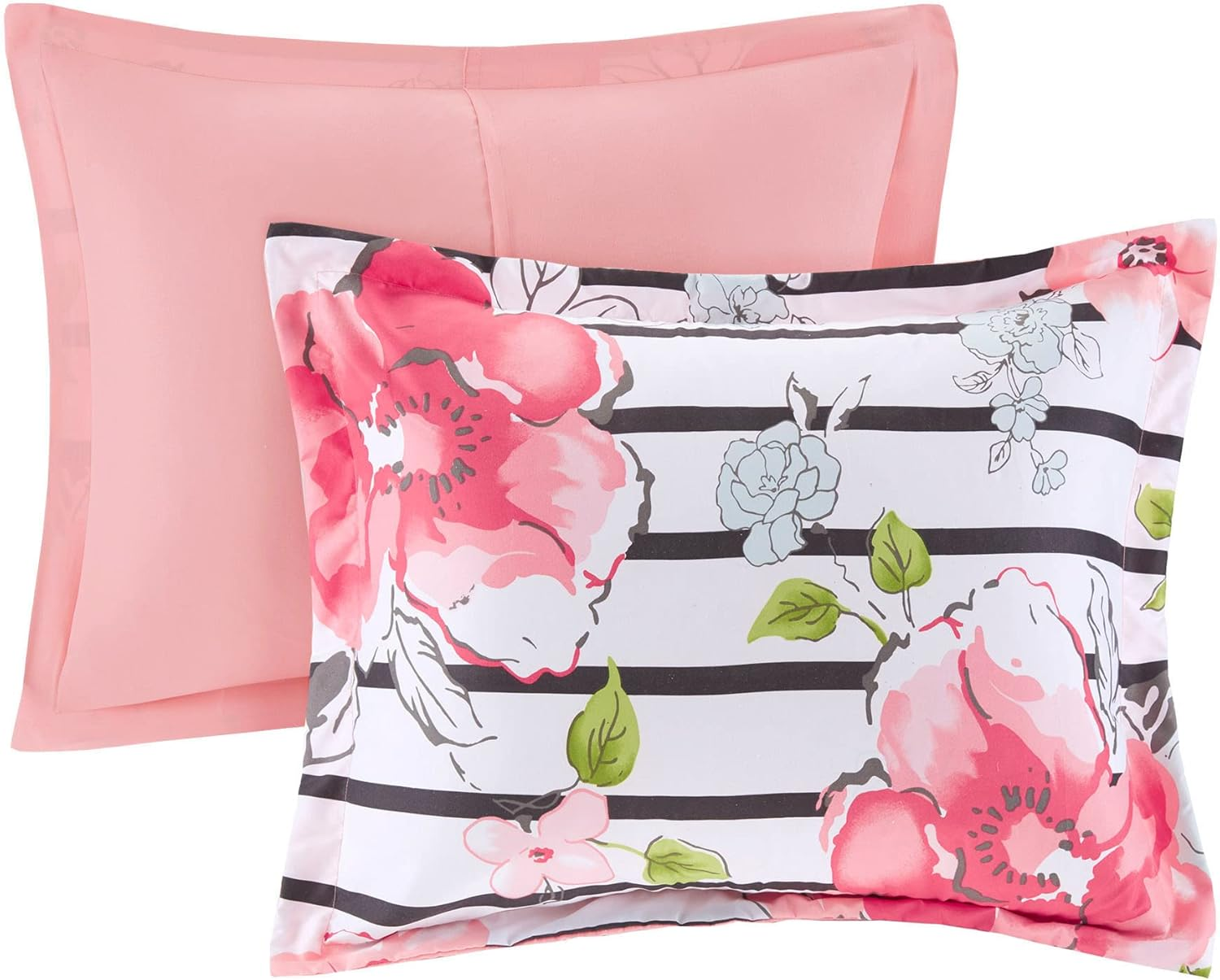 Comfort Spaces Zoe Comforter Set Printed Striped Floral Design with Faux Long Fur Decorative Pillow Bedding, Pink, Twin/Twinxl, 3 Piece image number 1