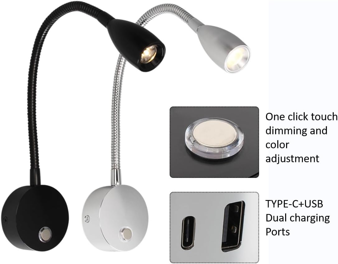 12V RV Reading Light with Dual Charging Ports, 3CCT Touch Control Dimmable Flexible Gooseneck Wall Lamp RV Interior Bedside Light for Motor-House Camper Caravan Vehicle Vessel Boat Yacht (Black) image number 6
