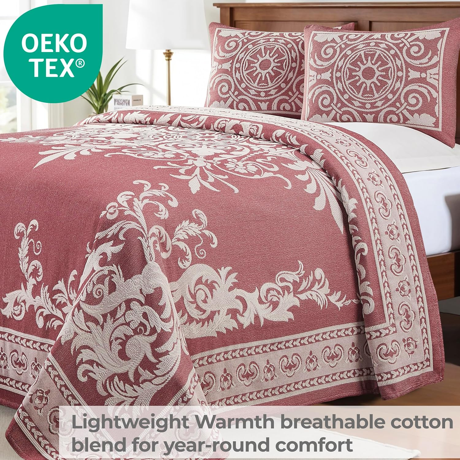 SUPERIOR Cotton-Polyester Blend Jacquard Weave Medallion Textured 2-Piece Bedspread Set, Twin, Berry Red image number 6