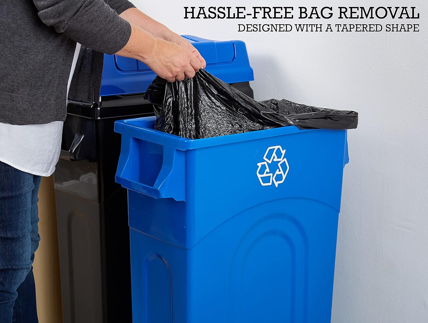 United Solutions Highboy Recycling Bin with Swing Lid, 23 Gallon, Space Saving Slim Profile and Easy Bag Removal, Handles for Easy Carrying, Indoor/Outdoor Use, Recycle Blue image number 1