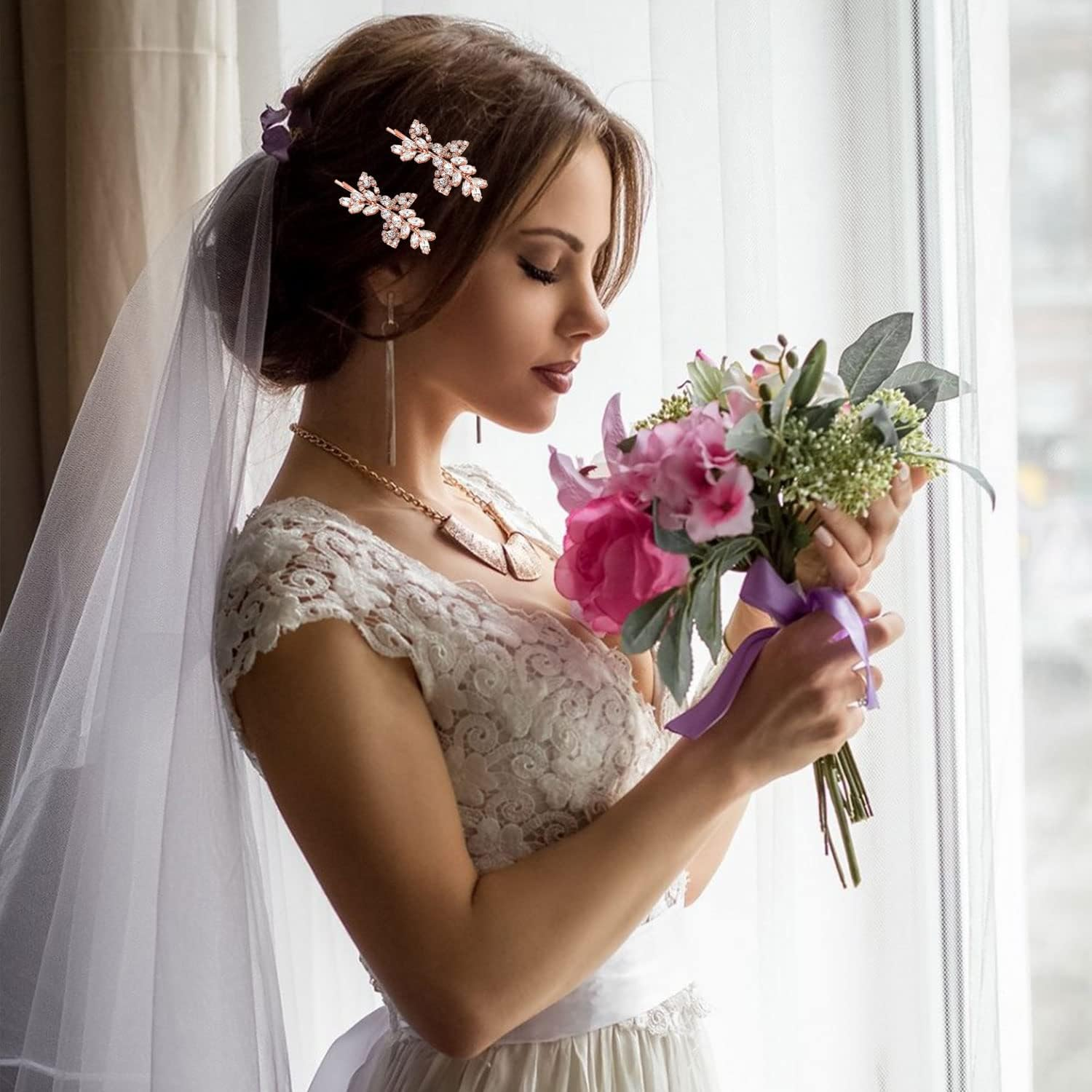 2 Pieces Rhinestone Bridal Hair Clips Leaf Bridal Wedding Hair Pins Crystal Hair Clips Silver Rhinestone Jewelry Barrette for Brides Bridesmaids Flower Girls (Rose Gold) image number 4