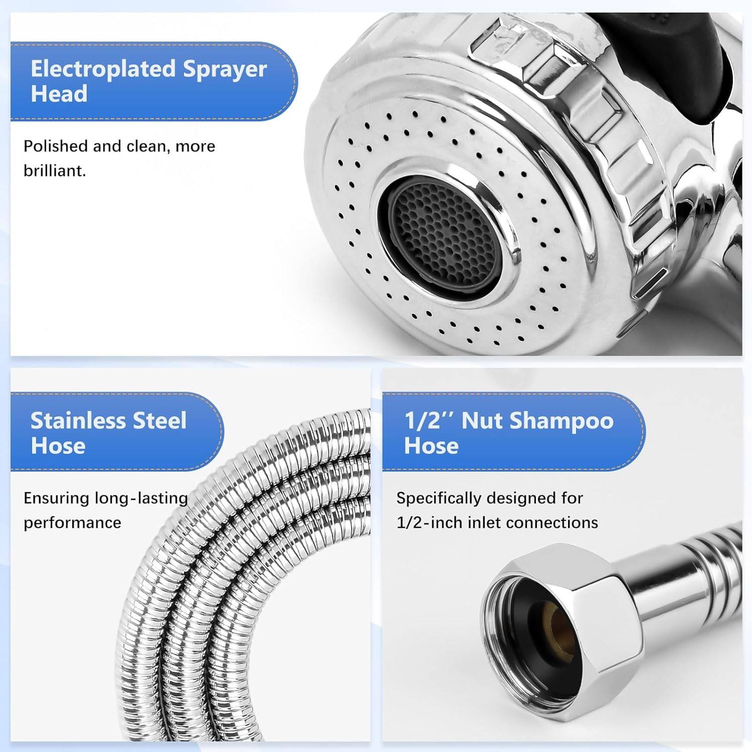 ZKDAUSDO 1/2" Nut Shampoo Bowl Hose Sprayer Kit with Stainless Steel Salon Sink Hose Replacement for Beauty Salon Barber Shop Faucet Vacuum Breaker Kit, Dual-Mode Shampoo Bowl Sprayer Head image number 2