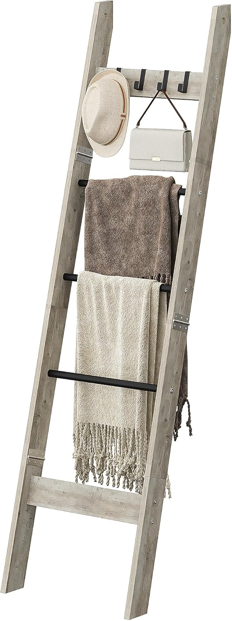 Hzuaneri Blanket Ladder Shelf for Living Room, Decorative Quilt Rack with 4 Removable Hooks, 5-Tier Farmhouse Ladder Holder Organizer for Bedroom, Greige and Black BR02105B