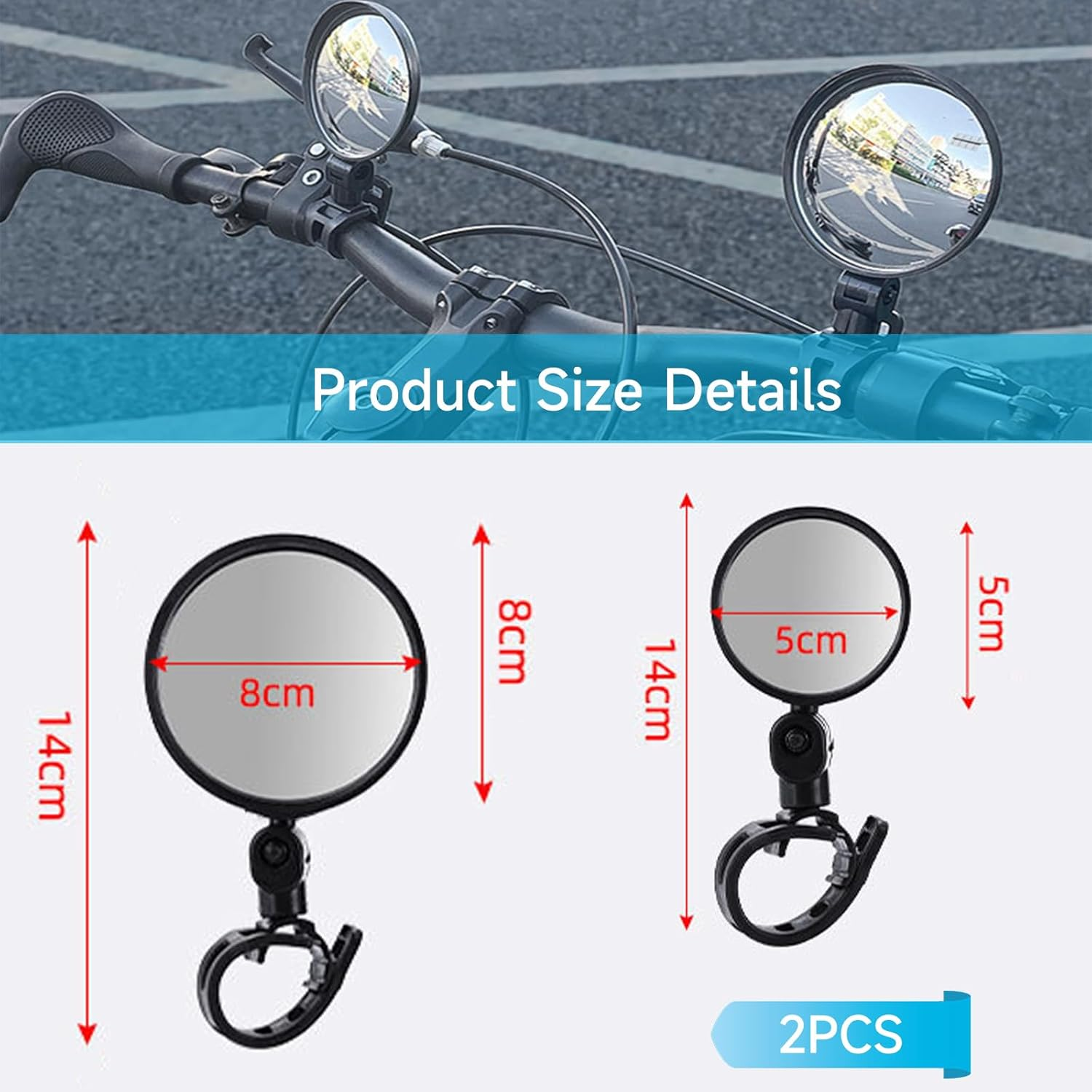 2 PCS Bicycle Mirrors for Handlebars, 360&deg; Rotatable Handlebar Rearview for Mountain Road Bike, Bike Rear View Mirror, Adjustable Bicycle Rear View Safety Mirror, Shockproof Wide Angle Convex Mirror
