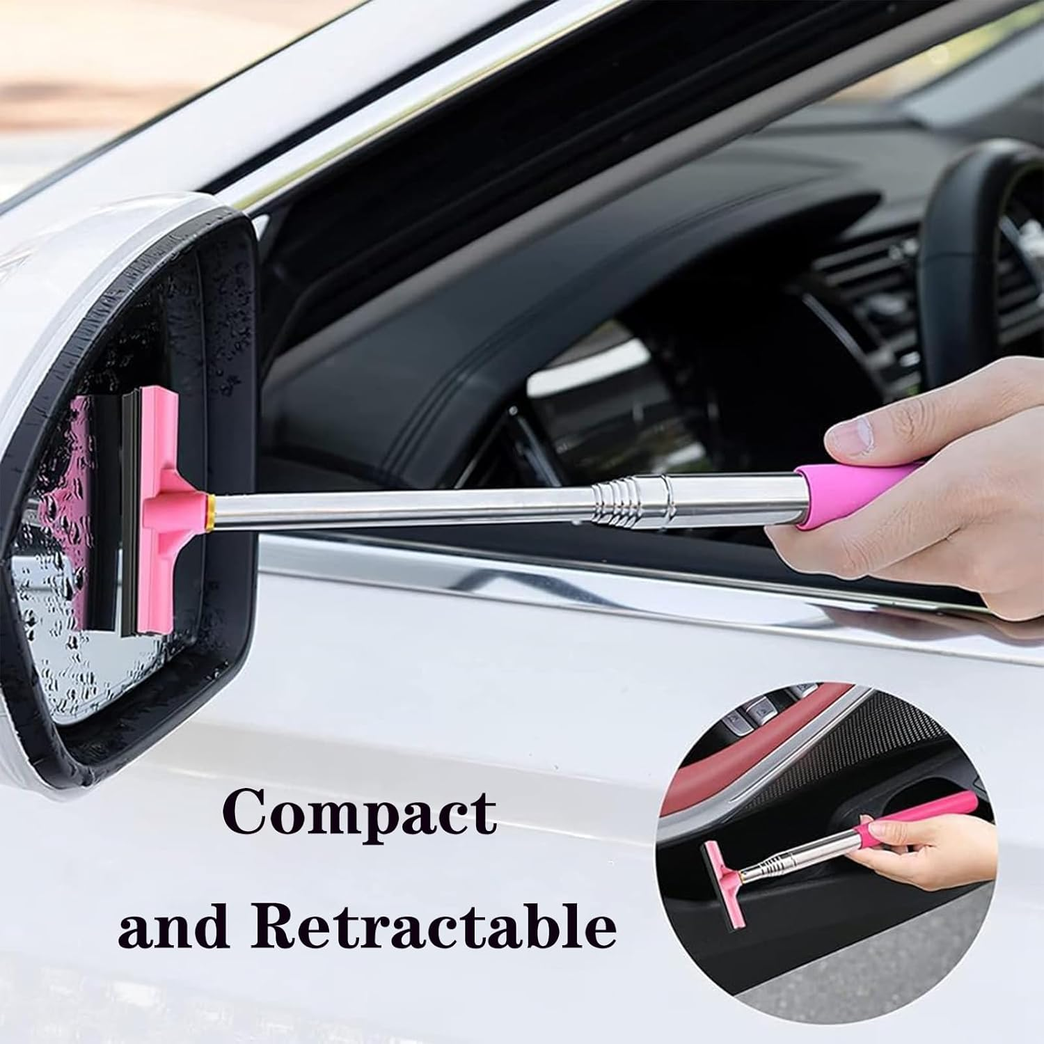 Side Mirror Squeegee, 2 Pcs Car Mirror Squeegee,Retractable Car Rearview Wiper for All Vehicles(Black/Pink) image number 2
