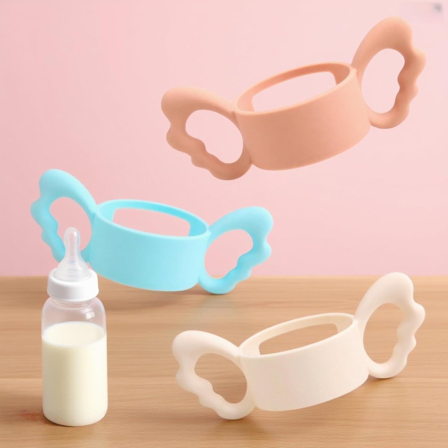 Treayes Silicone Baby Bottle Handles (3 Pcs) with Easy Grip and Brush, Lightweight for Easy Carry, Lightweight Carry Silicone Wide-Neck Bottle Handles 3 Colors image number 3