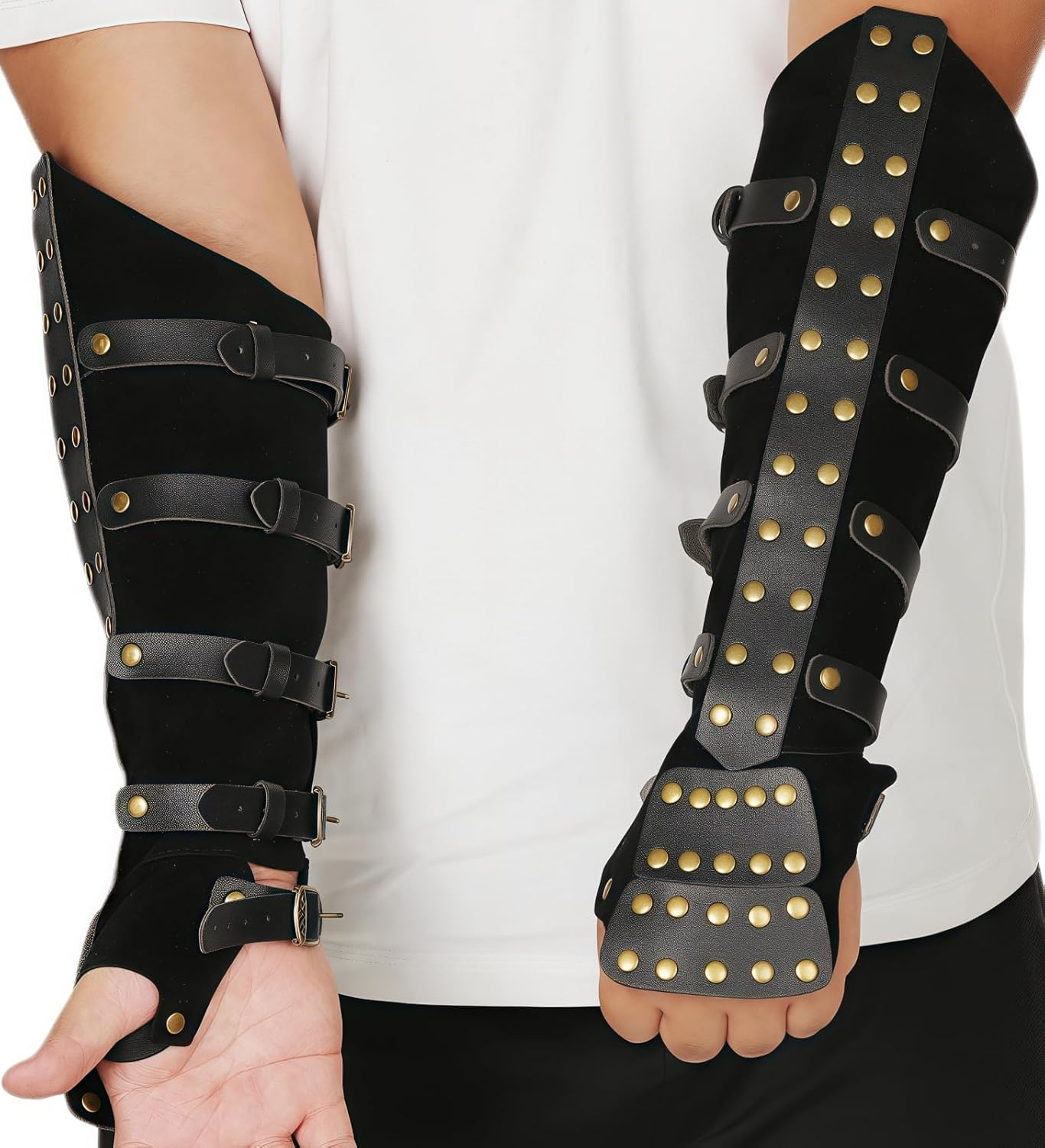 XWXLDD Medieval Leather Arm Guards with Brass Studs, Black, Adjustable Buckle Straps - Black image number 4