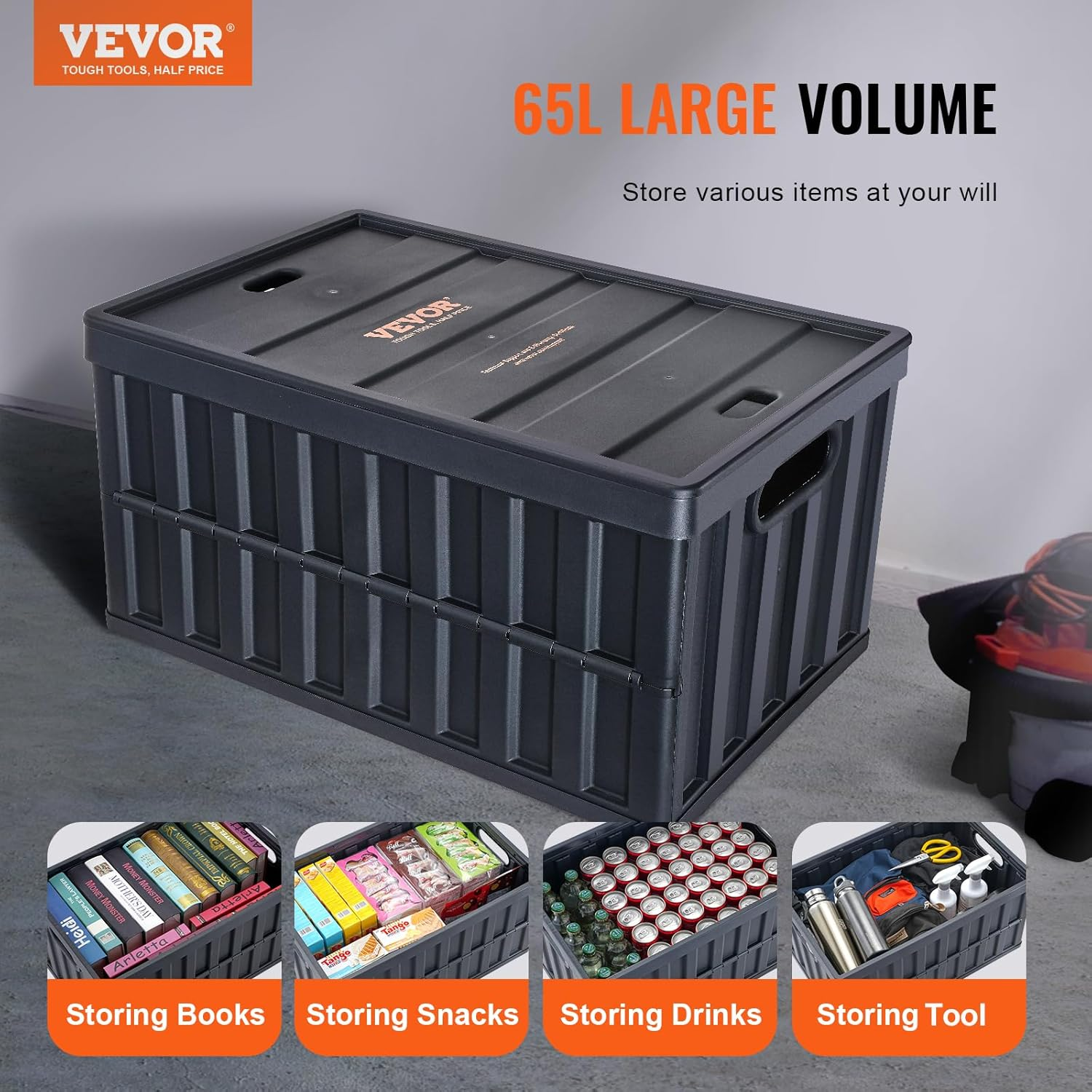 VEVOR 65L Collapsible Storage Bins with Lids 3 Packs, Stackable Utility Crates with Handles, Large Folding Containers for Organizing Tools, Books, Food, Drinks, Camping&Transport image number 4