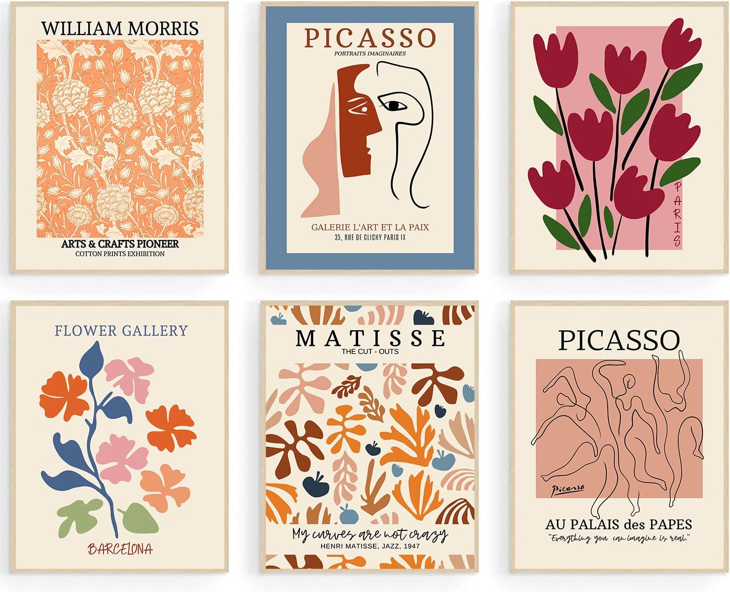 KBKBART Flower Market Posters Set of 6,Abstract Wall Art Prints Exhibition Poster Set,Vintage Matisse Print Picasso William Morris Painting Pictures,Minimalist Gallery Mix(8X10Inch,Unframed),Beige
