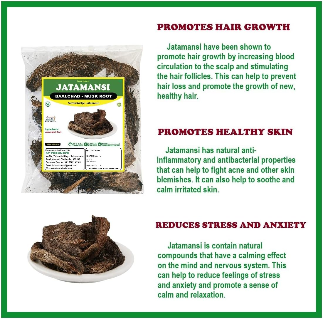 3V PRODUCTS Jatamansi Root 50G | Baalchad | Nardostachys Jatamansi | Spikenard | Musk Root | Nard Indian (Dried) image number 2