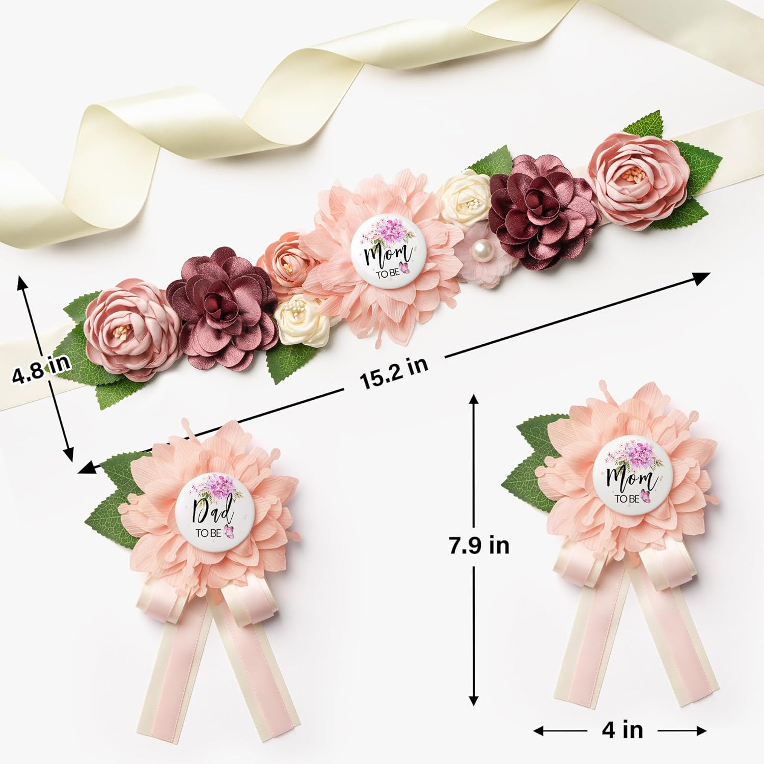 Mom to Be Pink Pregnancy Belly Band Floral Maternity Sash Belt for Baby Shower with Daddy to Be Pin, Gender Reveal Decorations for Mommy, Soft Chiffon Flower Sash Maternity Photography - Lotus Root Pink image number 2