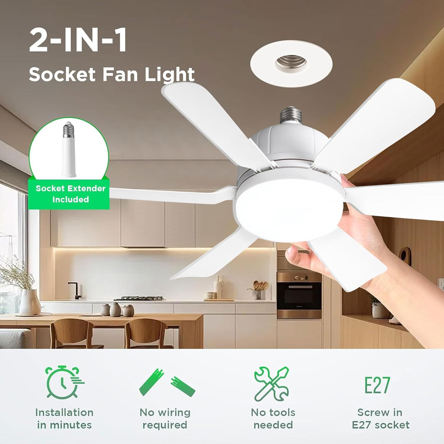 TUXOIUBA Socket Ceiling Fan Light with Remote and 1 Socket Extender, E26/E27 Based Easy Install, 3 Color Stepless Dimming, 3 Speeds, Dimmable LED for Bedroom, Kitchen and Living Room image number 4