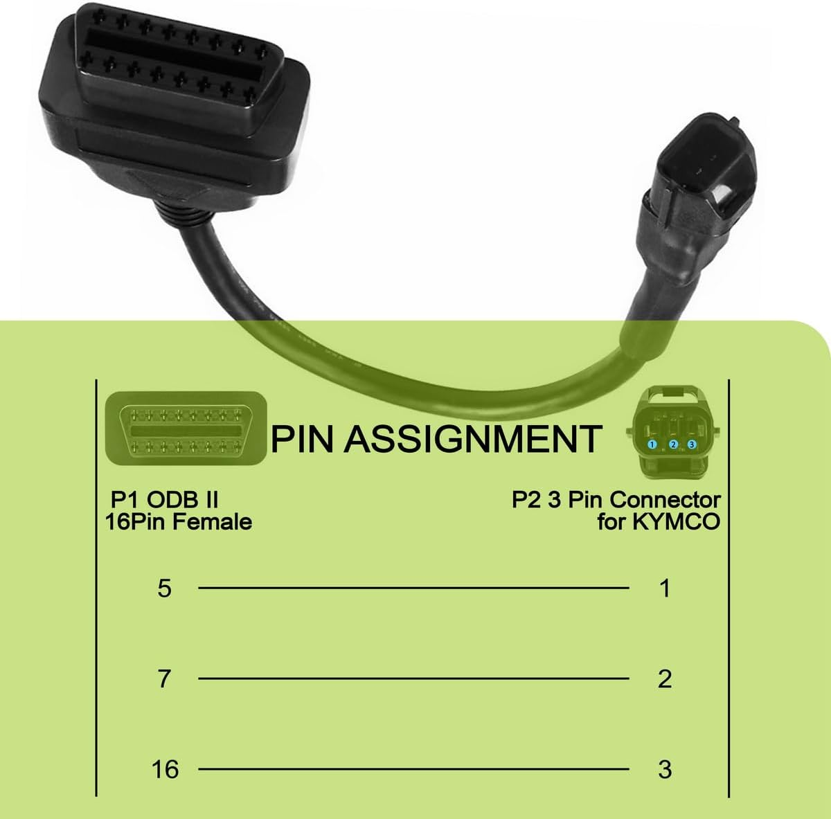3 Pin to 16 Pin Diagnostic Adapter Cable OBD2 OBDII Compatible with Kymco image number 1