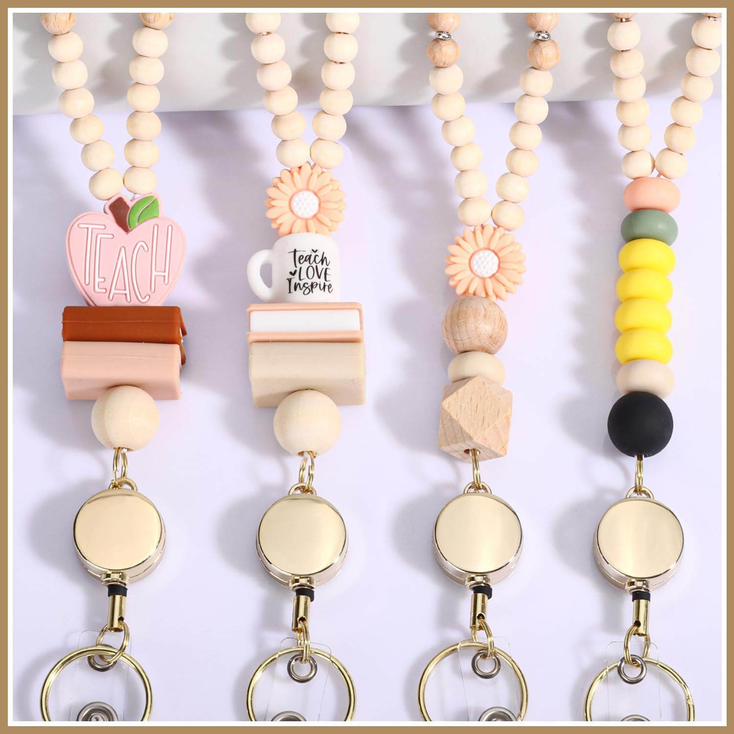 Teacher Lanyard with Id Holder, Cute Lanyards for Id Badges Keys, Retractable Natural Wooden Beaded Lanyard for Women image number 4