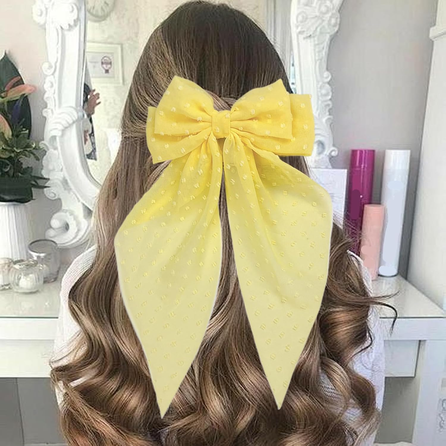 1 Pcs Silky Satin Hair Bows,Yellow Hair Bow, Yellow Hair Accessories,Yellow Bow Large Tulle Layered Hair Clip Hair Accessories for Women and Girls