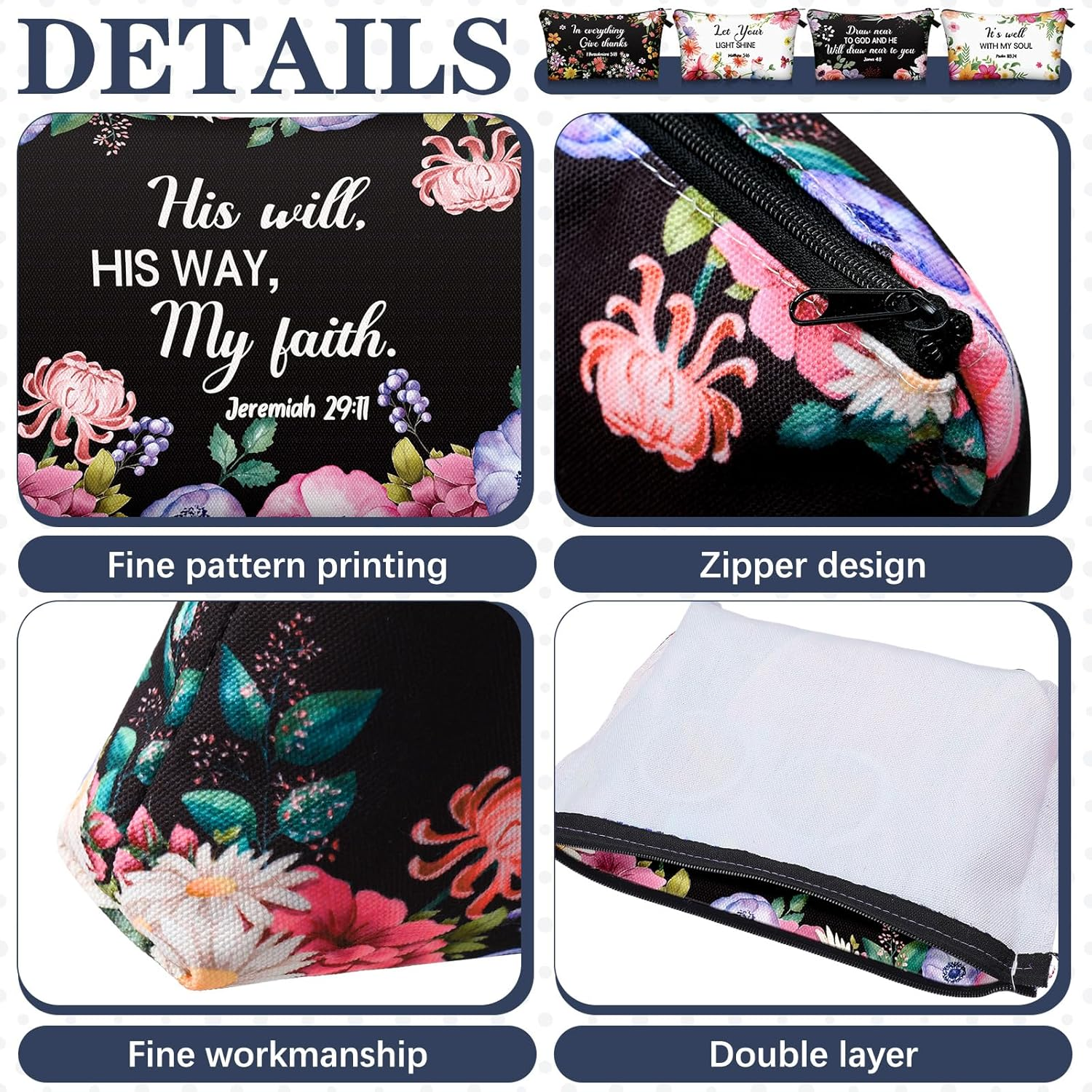 Chunful 12 Pcs Inspirational Christian Gifts Religious Makeup Bags Bulk for Women Bible Verse Flower Cosmetic Bag Thanksgiving Christmas Gift for Church Ladies, 7.48 X 4.72 Inch(Elegant) image number 2