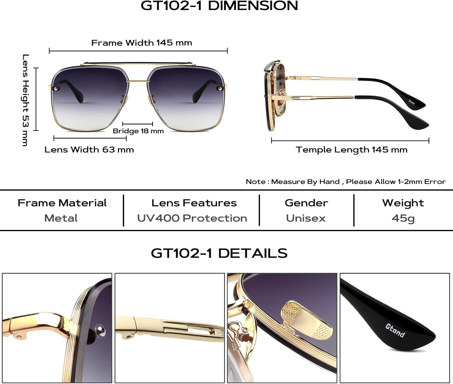 Gtand Fashion Oversized Square Aviator Gradient Sunglasses for Men Women Vintage Metal Sun Glasses 63Mm - C3 Gold Frame/Gradient Gray Lens image number 2