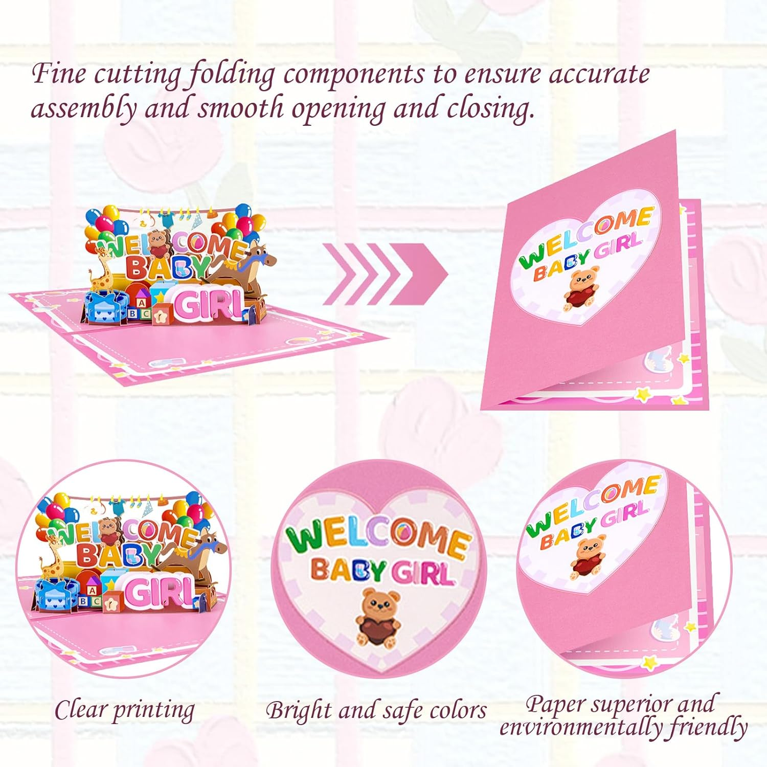 New Baby Girl Card - "Welcome Baby Girl" 3D Pop-Up Shower Card with Gifts & Animals, Pink Gender Reveal Greeting Card for Newborn - Includes Blessing Tag & Envelope (7.87"X5.91") image number 6