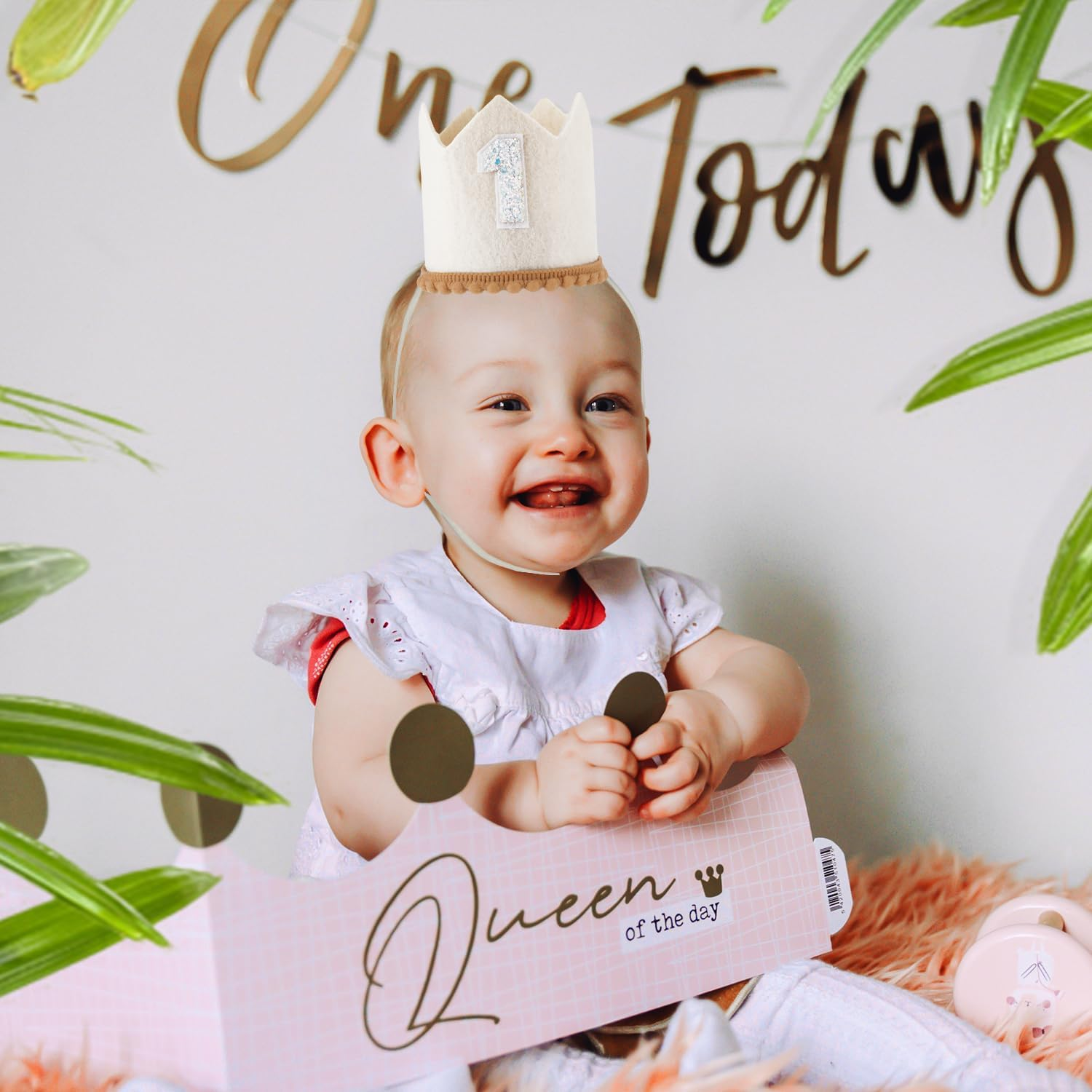 PEUTIER First Birthday Crown Hat for Baby, 1St Birthday Hat with Elastic Band, Concise Cute Birthday Hat Decorations Baby 1St Birthday Party Supplies for Boys Girls (White) image number 5