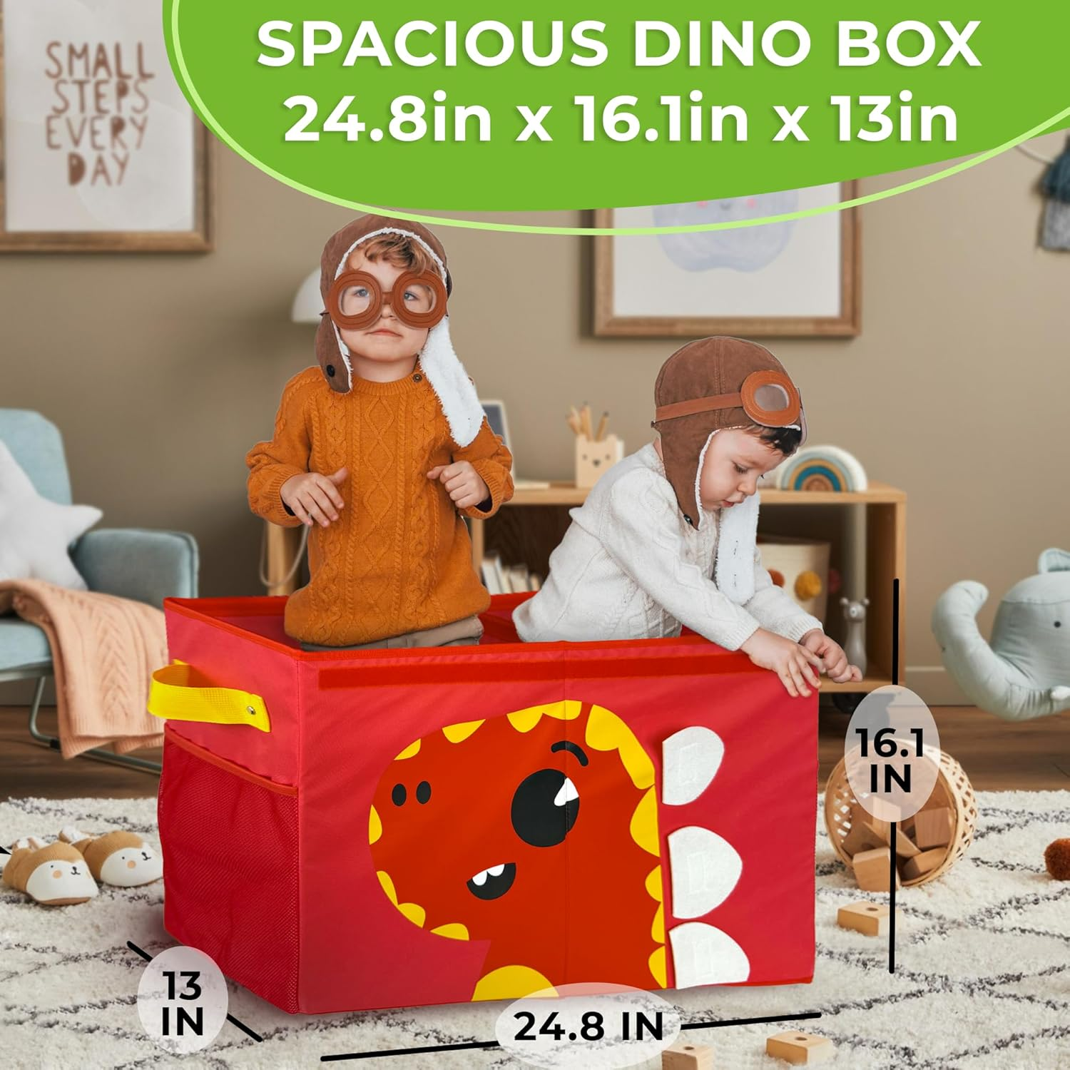QUOKKA Toy Storage Box for Boys and Girls - 24.8X16.1X13 in Dino Toy Chest Organizer for Kids | Collapsible | Handles | Flip-Top Lids | Fabric Foldable Bin for Playroom - Nursery Room Organization image number 4