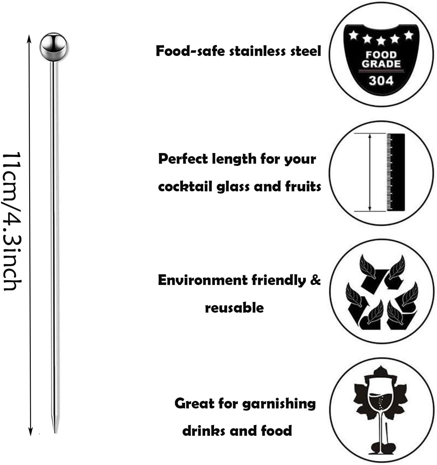 20Pcs Stainless Steel Cocktail Picks,4.3-Inch Reusable Fruit Bar,Metal Cocktail Party Toothpicks,Suitable for Fruit,Appetizers,Club Sandwiches,Bars or Parties (Silver) image number 4