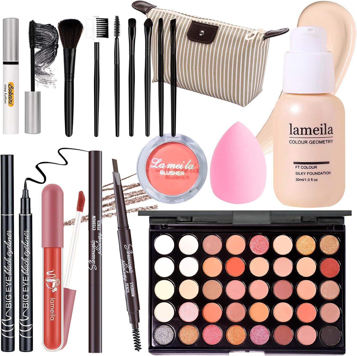 Makeup Set Full Kit for Women Teen Girls, Makeup Present Set, Includes Eyeliner, Blusher, Eyebrow Pencil, Foundation, Mascara, Eyeshadow, Brushes, Lip Gloss, Sponge, Cosmetic Bag